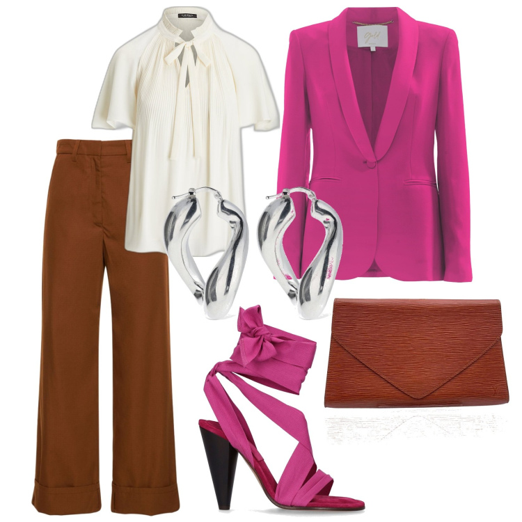 Outfit donna - Total look #1657422. Stile Bon Ton per Serata fuori. Abbinamento con borse a mano, camicie, giacche, sandali col tacco, pantaloni, orecchini.