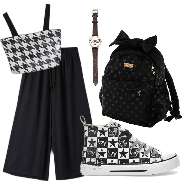 Outfit donna - Il bianco e il nero. Stile Casual per Tutti i giorni. Abbinamento con pantaloni a palazzo, top, zaini, sneakers, orologi.
