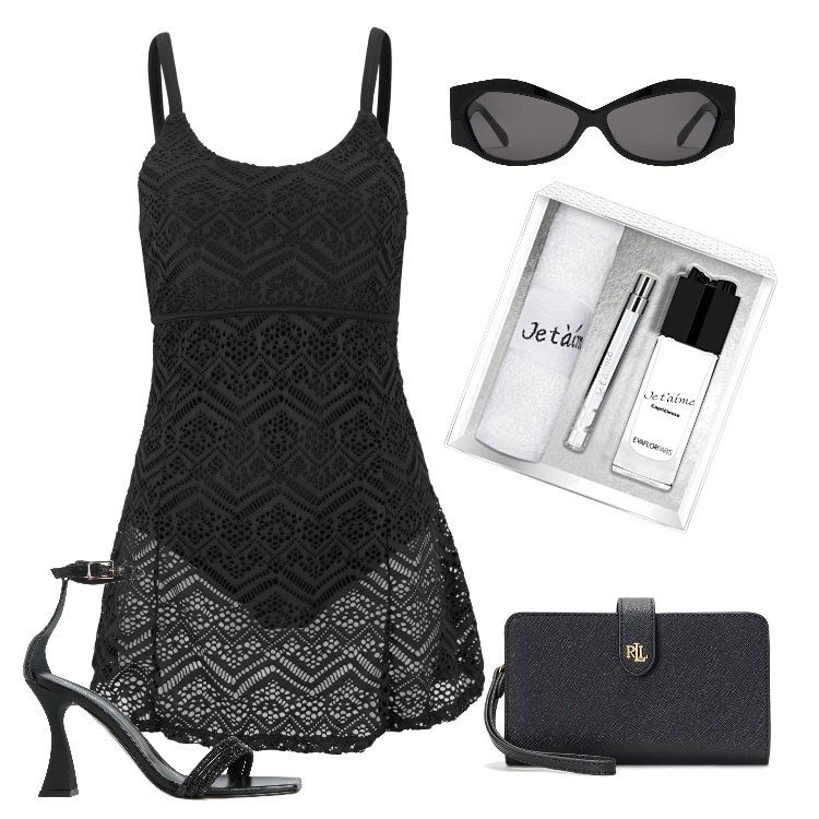 Outfit donna - Total look #1657463. Stile Rock per Mare. Abbinamento con vestiti da spiaggia, sandali in pelle, pochette, occhiali da sole, profumi.