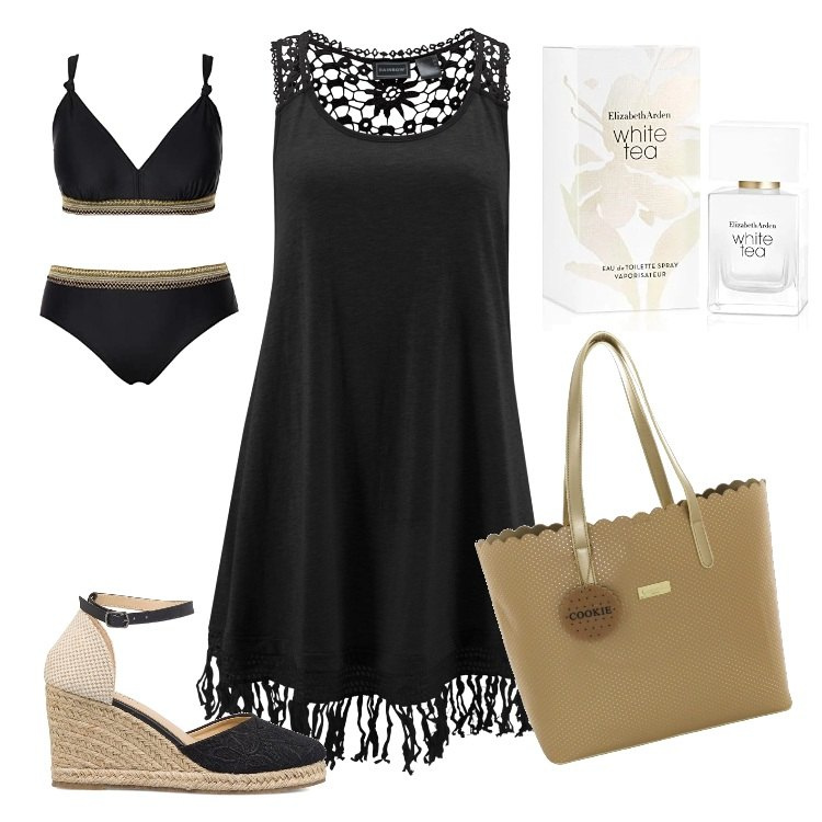 Outfit donna - Total look #1657496. Stile Etnico per Mare. Abbinamento con vestiti da spiaggia, espadrillas, bikini, profumi, clutch.