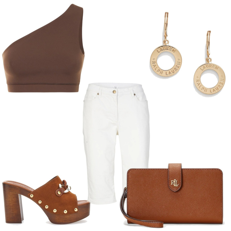 Outfit donna - Zoccoli e bellezza. Stile Glamour per Tutti i giorni. Abbinamento con bermuda, pochette, orecchini, top, zoccoli.