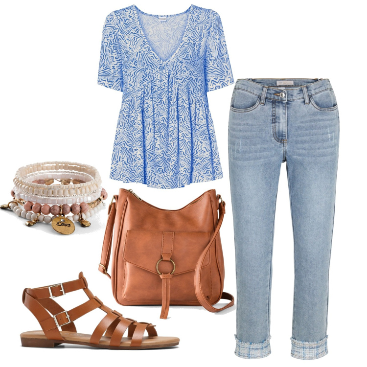 Outfit donna - Blu gemma. Stile Casual per Tutti i giorni. Abbinamento con maglieria, borse a tracolla, braccialetti con ciondoli, jeans, sandali.