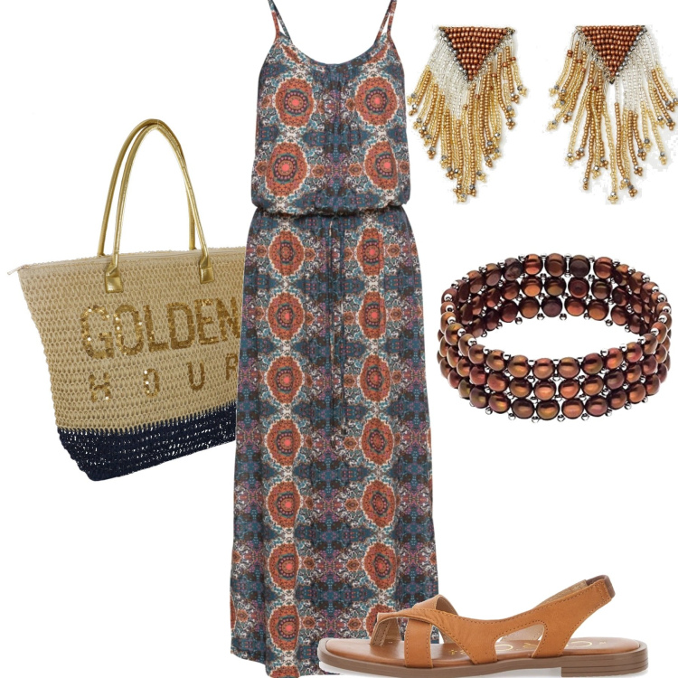 Outfit donna - Il vestito lungo. Stile Etnico per Tutti i giorni. Abbinamento con vestiti lunghi, orecchini, sandali in pelle, borse a secchiello, braccialetti.