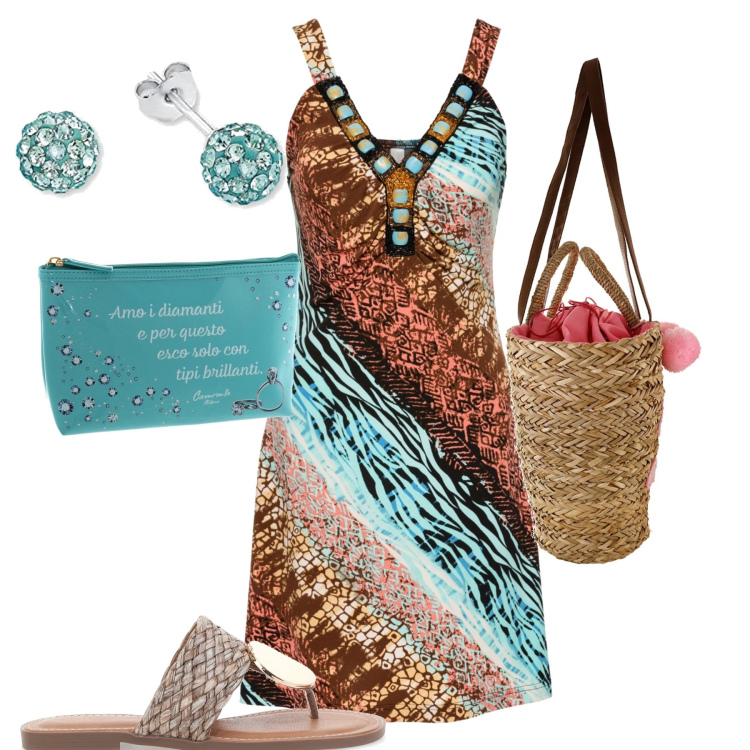 Outfit donna - Pronta per la spiaggia. Stile Casual per Mare. Abbinamento con vestiti, infradito, borse a secchiello, pochette, orecchini.