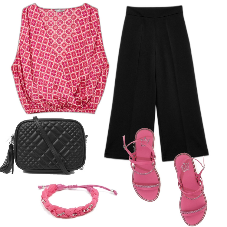 Outfit donna - Spensierata. Stile Casual per Tutti i giorni. Abbinamento con pantaloni capri, bluse, borse a tracolla, sandali, braccialetti.
