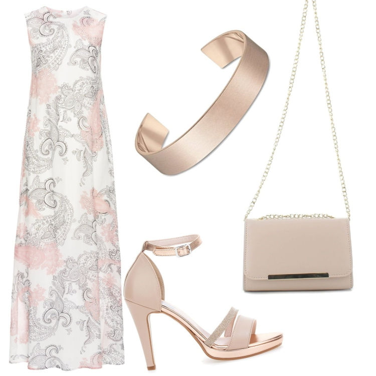 Outfit donna - Il vestito lungo versatile. Stile Romantica per Cerimonia. Abbinamento con vestiti lunghi, clutch, sandali col tacco, braccialetti.