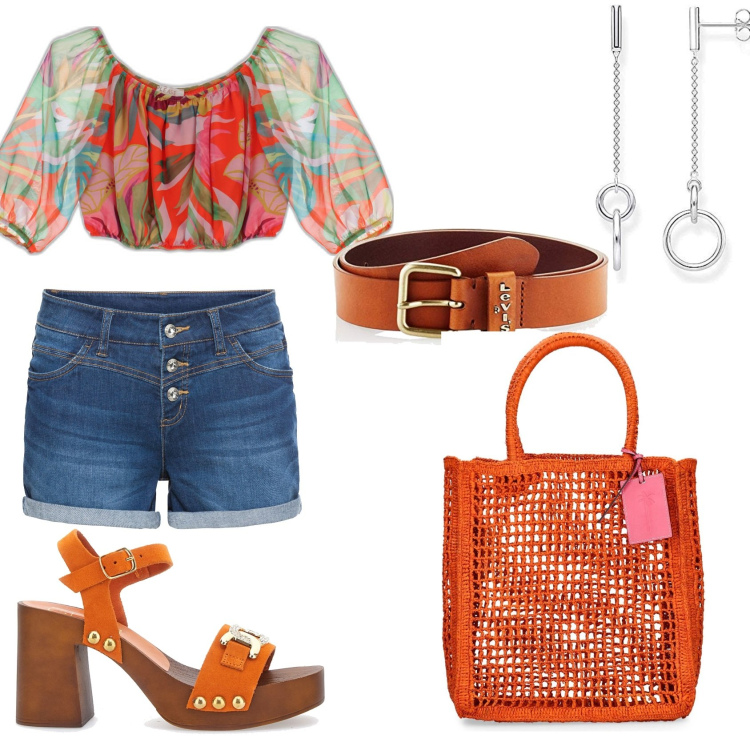 Outfit donna - Pantaloncino e top fantasia. Stile Trendy per Tutti i giorni. Abbinamento con shorts, top, orecchini, zoccoli, shopping bag, cinture.