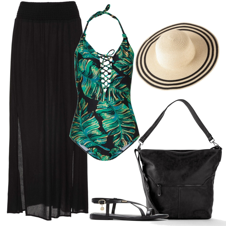 Outfit donna - Trés Chic con Bonprix!. Stile Basic per Mare. Abbinamento con gonne lunghe, costumi interi, borse a tracolla, sandali in pelle, cappelli.