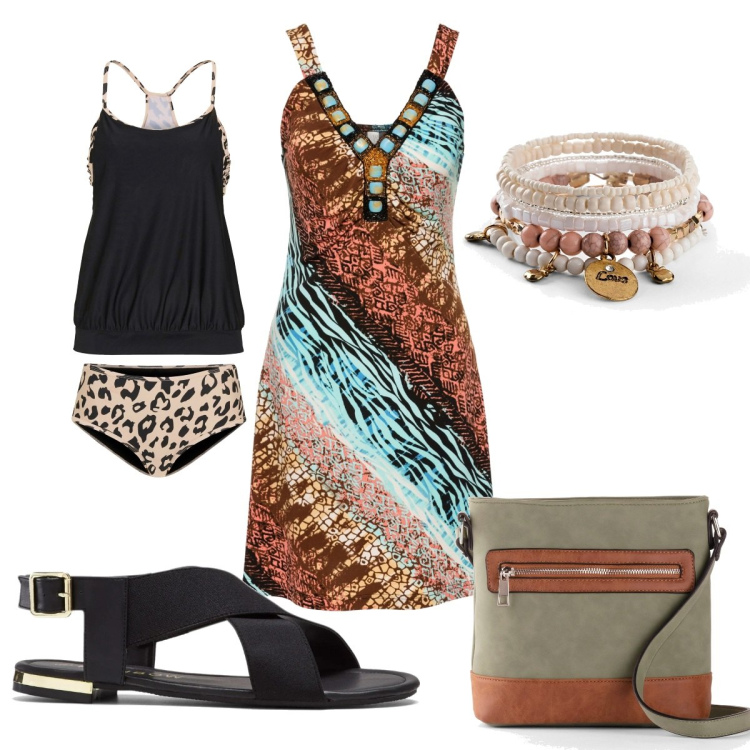Outfit donna - Bonprix Summer Sale: etnico. Stile Etnico per Mare. Abbinamento con sandali, braccialetti, costumi interi, vestiti, borse a tracolla.