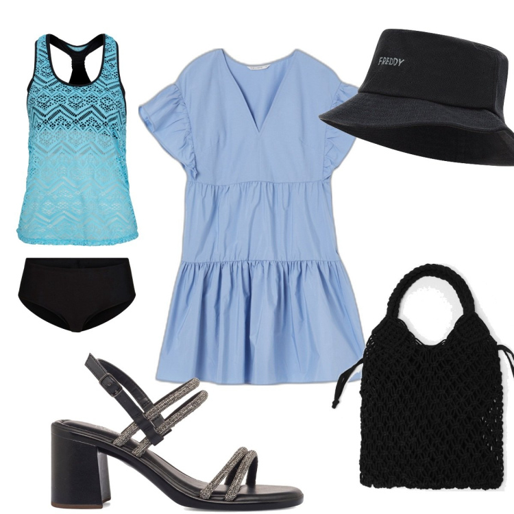 Outfit donna - Bantoa Hot Summer Sales: trendy. Stile Trendy per Mare. Abbinamento con costumi interi, vestiti corti, borse a spalla, cappelli, sandali in pelle.