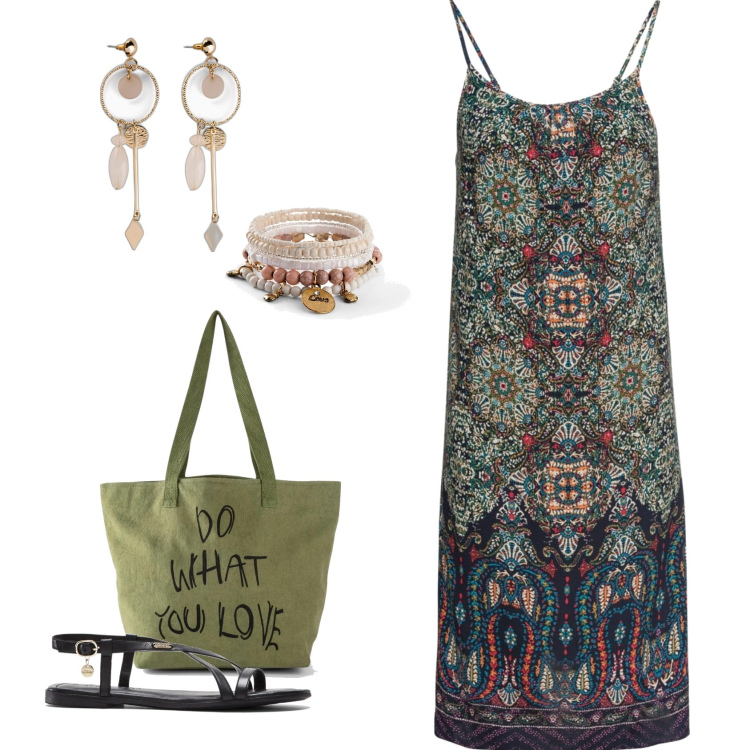 Outfit donna - Total look #1657739. Stile Etnico per Tutti i giorni. Abbinamento con vestiti, braccialetti, orecchini, shopping bag, sandali in pelle.
