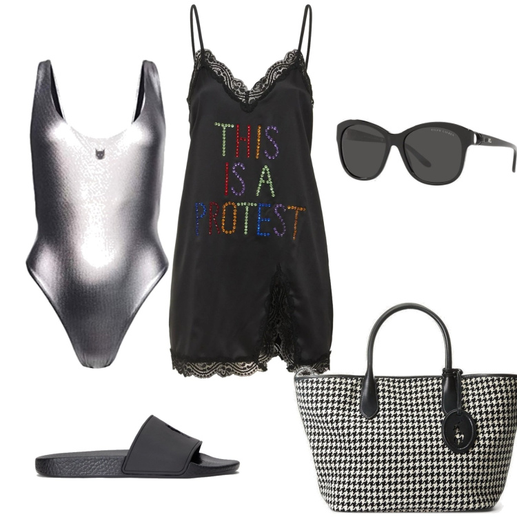Outfit donna - Glam al mare. Stile Glamour per Mare. Abbinamento con occhiali da sole, borse tote, ciabatte, vestiti, costumi.