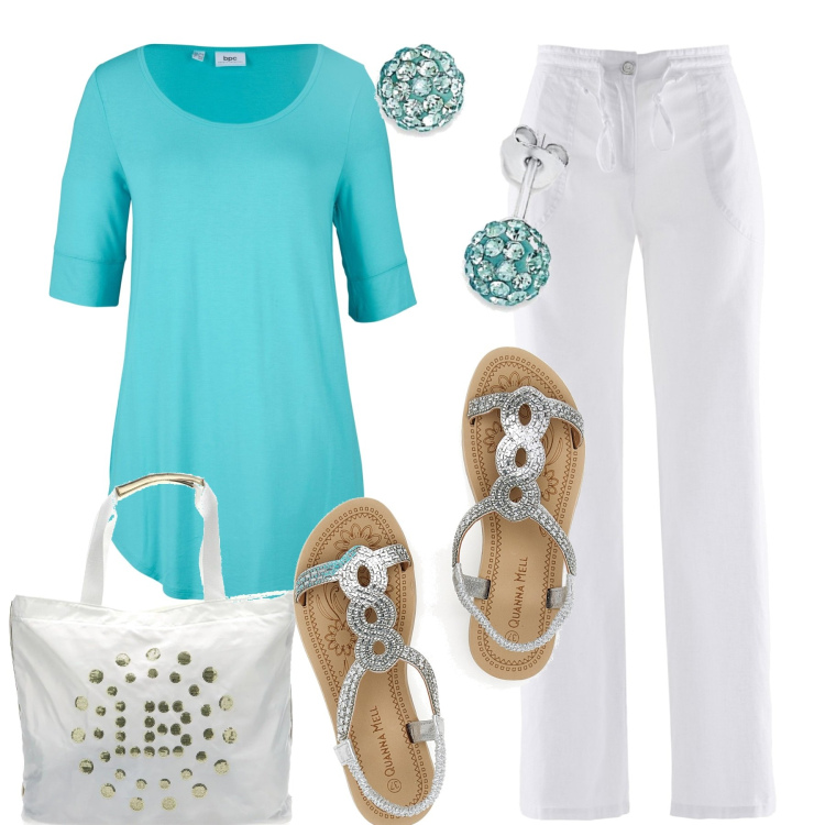 Outfit donna - Bianco e turchese. Stile Casual per Tutti i giorni. Abbinamento con maglieria, pantaloni a palazzo, sandali, borse a spalla, orecchini.