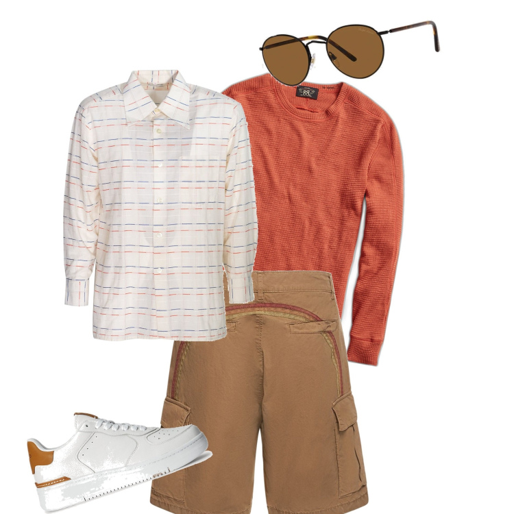 Outfit uomo - Una Passeggiata al parco. Stile Trendy per Tutti i giorni. Abbinamento con occhiali da sole, sneakers, maglieria, camicie, shorts.