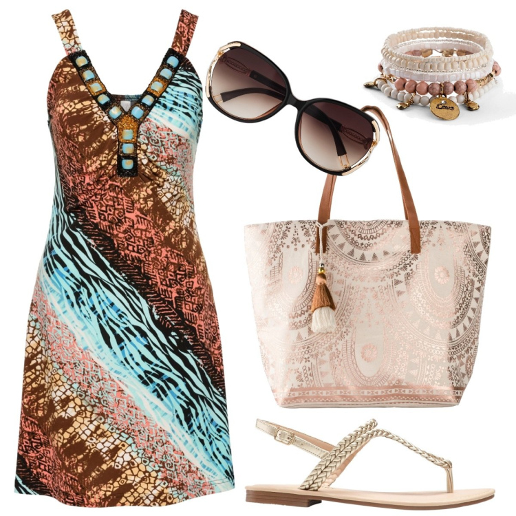 Outfit donna - Total look #1657866. Stile Chic per Mare. Abbinamento con vestiti, ciabatte, braccialetti, occhiali da sole, shopping bag.