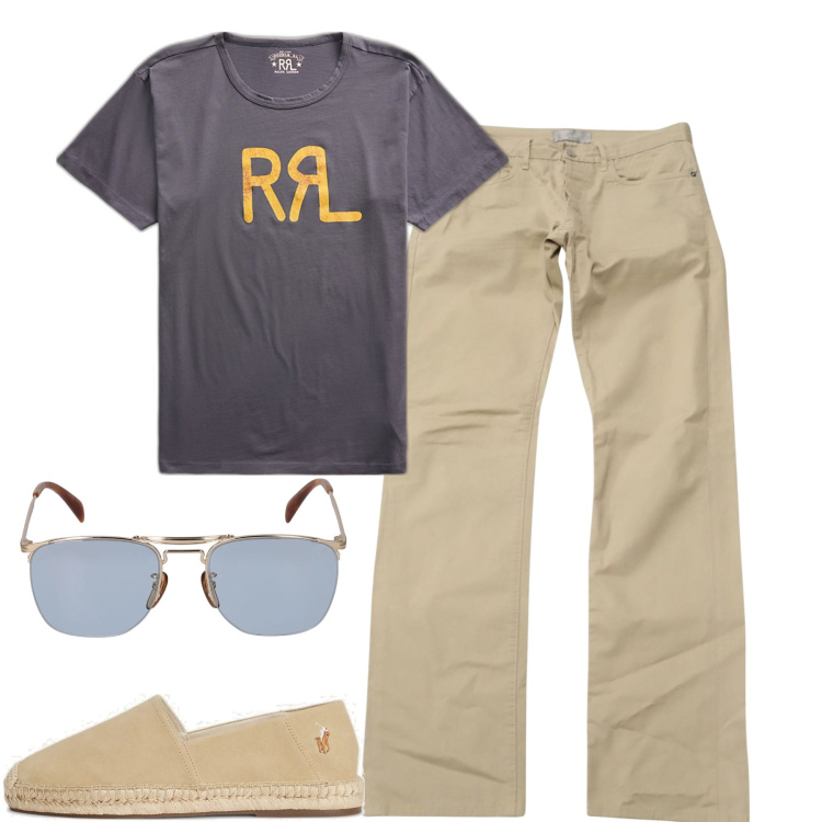 Outfit uomo - I chino Dior. Stile Trendy per Tutti i giorni. Abbinamento con pantaloni chino, t-shirt, espadrillas, occhiali da sole.