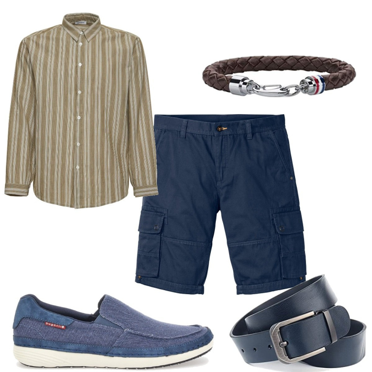 Outfit uomo - Un pantaloncino con gli amici. Stile Casual per Serata speciale. Abbinamento con bermuda, braccialetti, cinture, camicie, scarpe stringate.