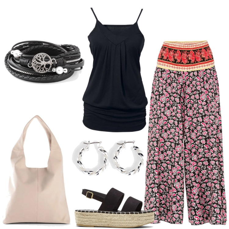Outfit donna - Total look #1657930. Stile Boho per Tutti i giorni. Abbinamento con top, orecchini, braccialetti, pantaloni, sandali, shopping bag.