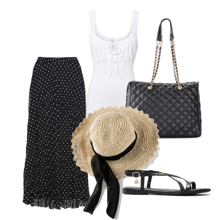 Outfit donna - Ghost outfitter - luglio. Stile Trendy per Tutti i giorni. Abbinamento con gonne, cappelli, shopping bag, top, sandali in pelle.