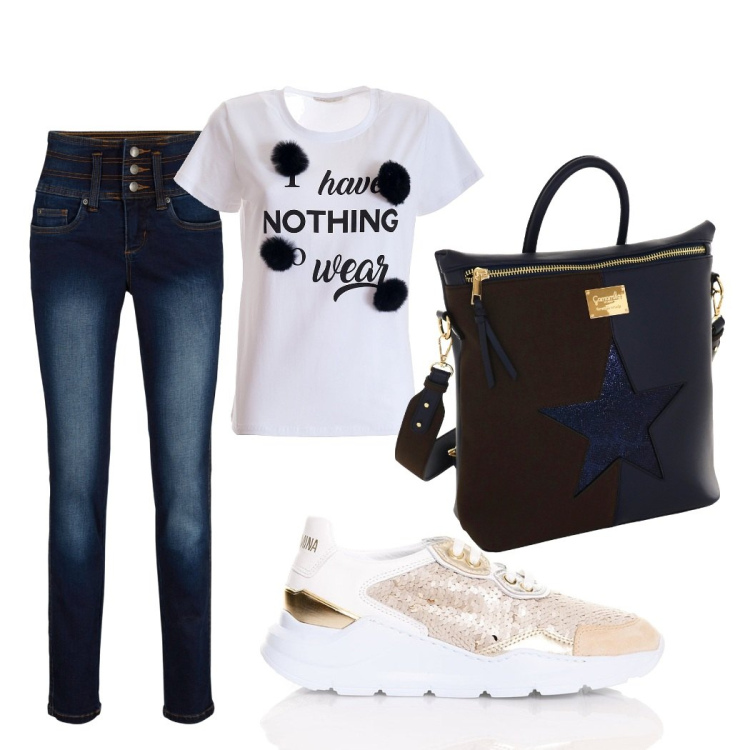 Outfit donna - Total look #1658007. Stile Trendy per Tutti i giorni. Abbinamento con jeans, t-shirt, sneakers alte, zaini.