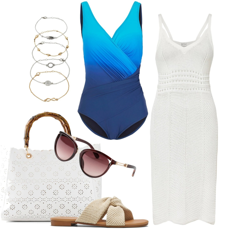 Outfit donna - Estate italiana con i saldi Bonprix. Stile Chic per Mare. Abbinamento con costumi interi, occhiali da sole, braccialetti con ciondoli, vestiti, borse a mano, ciabatte.