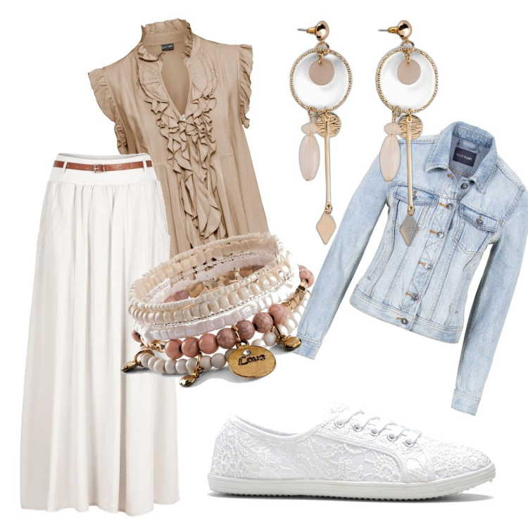 Outfit donna - Sera d\'estate. Stile Casual per Serata fuori. Abbinamento con sneakers, braccialetti, orecchini, gonne lunghe, maglieria, giacche sportive.