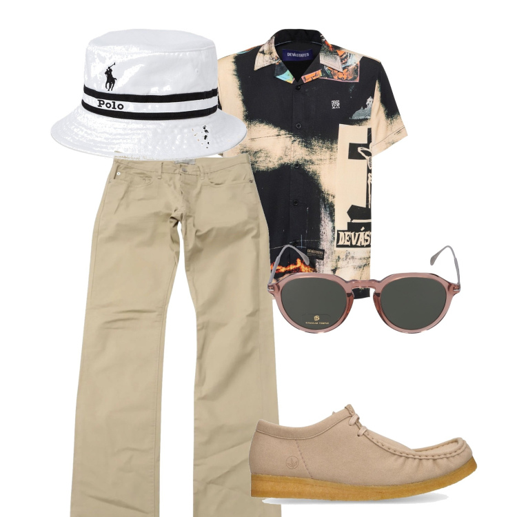 Outfit uomo - Una giornata qualsiasi. Stile Trendy per Tutti i giorni. Abbinamento con cappelli con visiera, pantaloni chino, scarpe stringate, camicie, occhiali da sole.