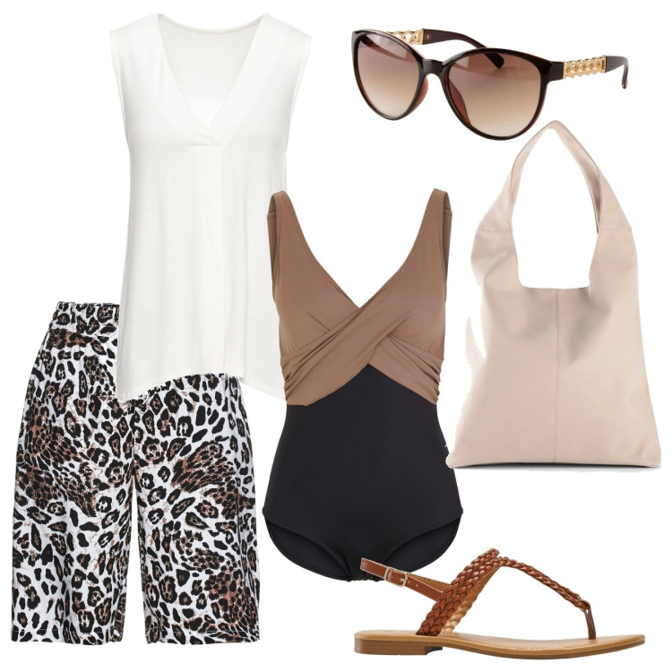 Outfit donna - Un mare di Bonprix 3. Stile Etnico per Mare. Abbinamento con top, costumi interi, bermuda, shopping bag, ciabatte, occhiali da sole.