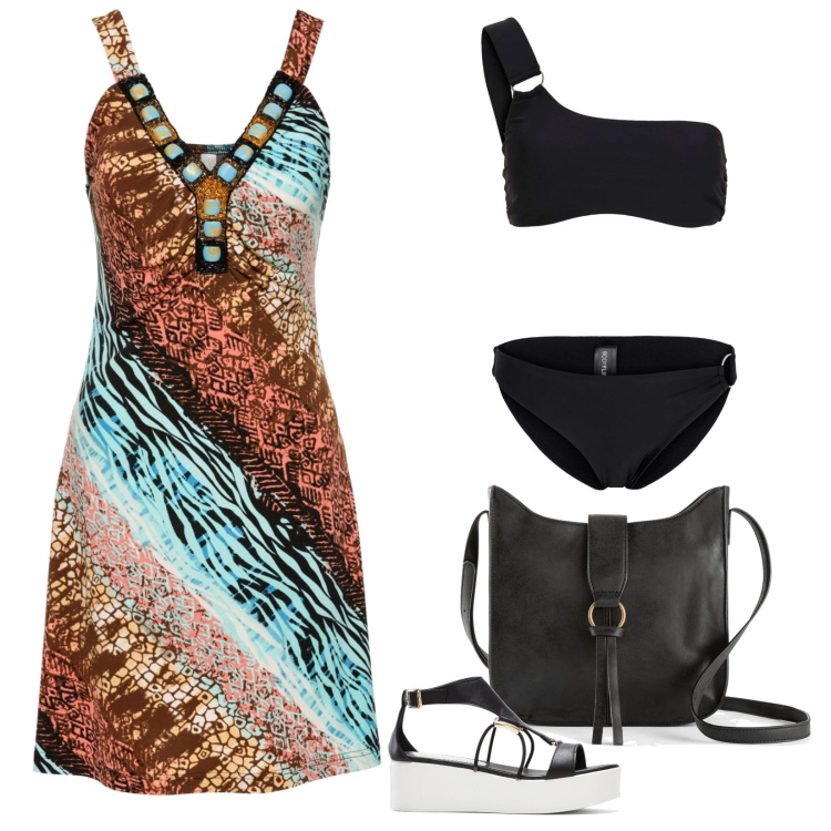 Outfit donna - A pranzo sul lungomare. Stile Etnico per Mare. Abbinamento con vestiti, borse a tracolla, bikini, sandali col tacco.