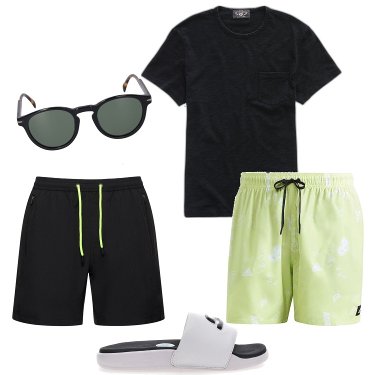 Outfit uomo - In piscina. Stile Casual per Mare. Abbinamento con t-shirt, t-shirt, sandali, costumi, occhiali da sole, shorts.