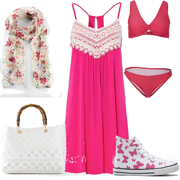 Outfit donna - Total look #1658236. Stile Casual per Mare. Abbinamento con foulard, vestiti, borse a mano, sneakers alte, bikini.