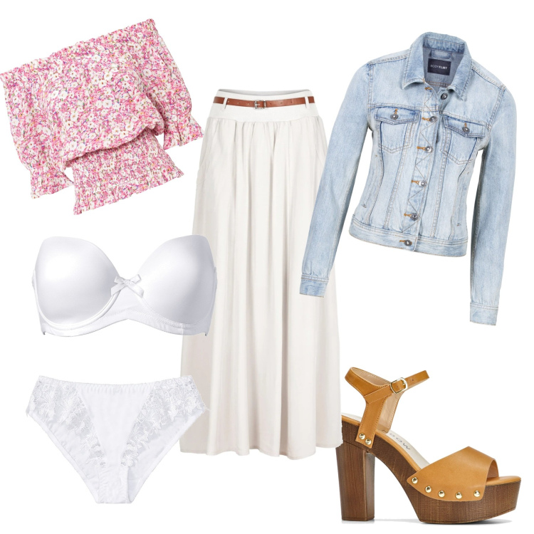 Outfit donna - A spasso dalla mattina alla sera. Stile Romantica per Tutti i giorni. Abbinamento con reggiseni, bluse, gonne lunghe, sandali col tacco, giacche sportive, slip.