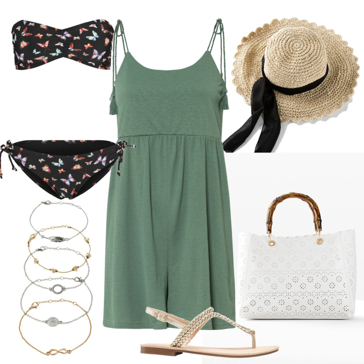 Outfit donna - Bonprix Summer Sales. Stile Casual per Mare. Abbinamento con braccialetti con ciondoli, ciabatte, bikini, cappelli, tuta corta, borse a mano.