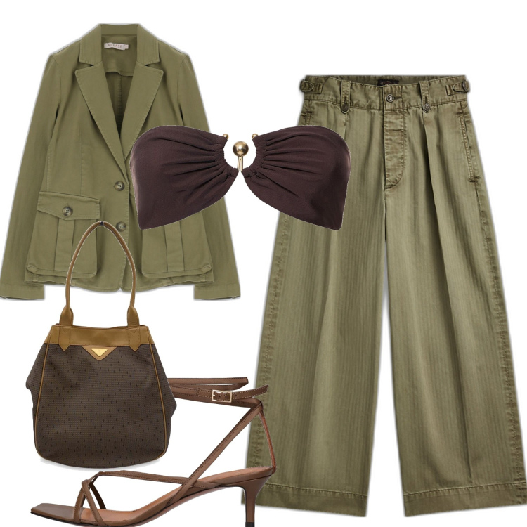 Outfit donna - Verde e marrone. Stile Urban per Serata fuori. Abbinamento con borse a mano, giacche, pantaloni, sandali in pelle, top.
