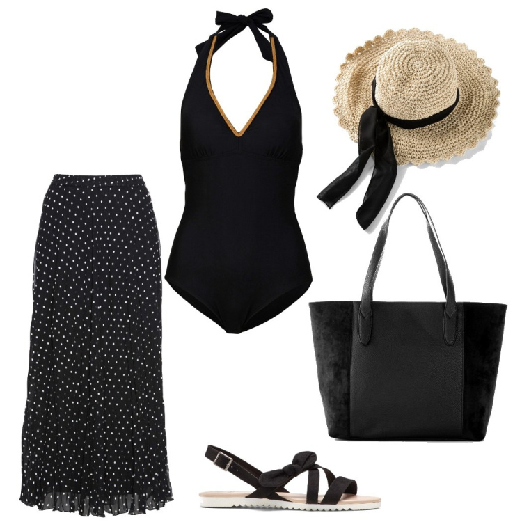 Outfit donna - A bordo piscina. Stile Vintage retrò per Mare. Abbinamento con gonne, cappelli, shopping bag, costumi interi, sandali.