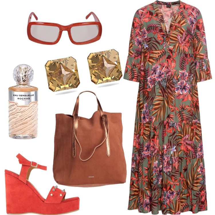 Outfit donna - Tempo libero. Stile Boho per Tutti i giorni. Abbinamento con vestiti lunghi, borse a mano, sandali in pelle, profumi, orecchini, occhiali da sole.