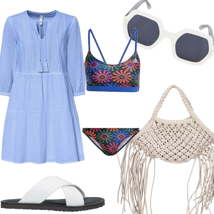 Outfit donna - Al mare celeste fiore. Stile Glamour per Mare. Abbinamento con vestiti da spiaggia, sandali in pelle, bikini, shopping bag, occhiali da sole.