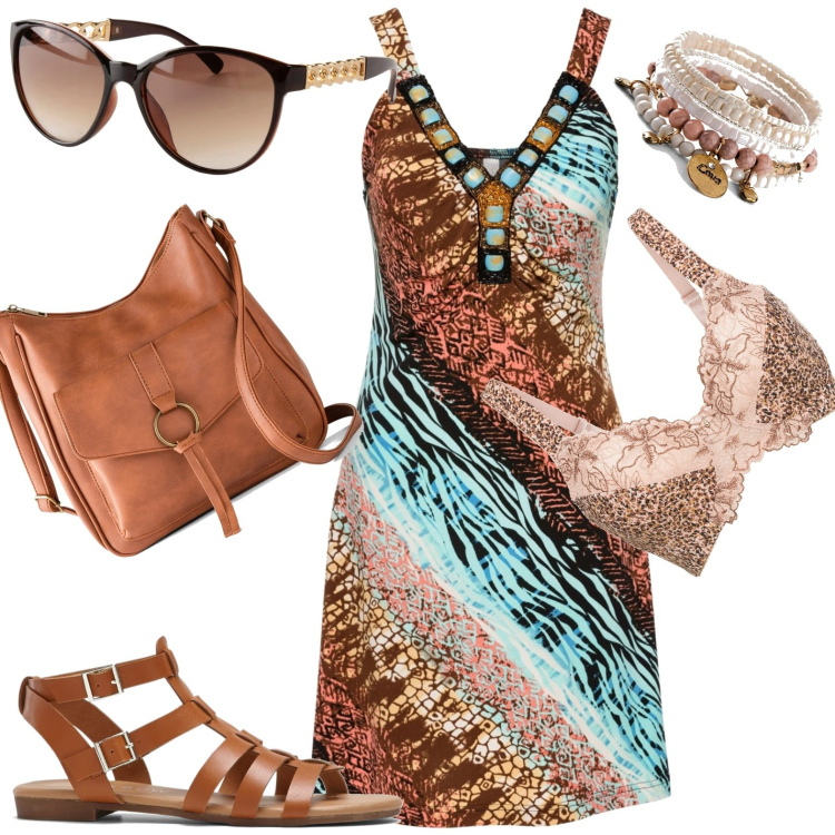 Outfit donna - Total look #1658537. Stile Casual per Mare. Abbinamento con vestiti, braccialetti, borse a tracolla, reggiseni, sandali, occhiali da sole.