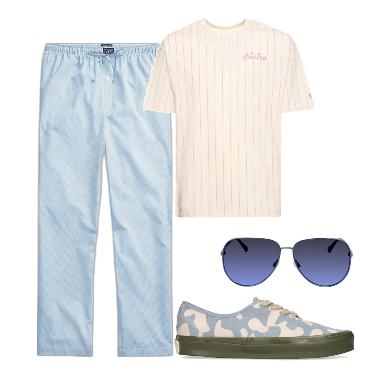 Outfit uomo - In città. Stile Casual per Tutti i giorni. Abbinamento con pantaloni, occhiali da sole, sneakers, t-shirt.