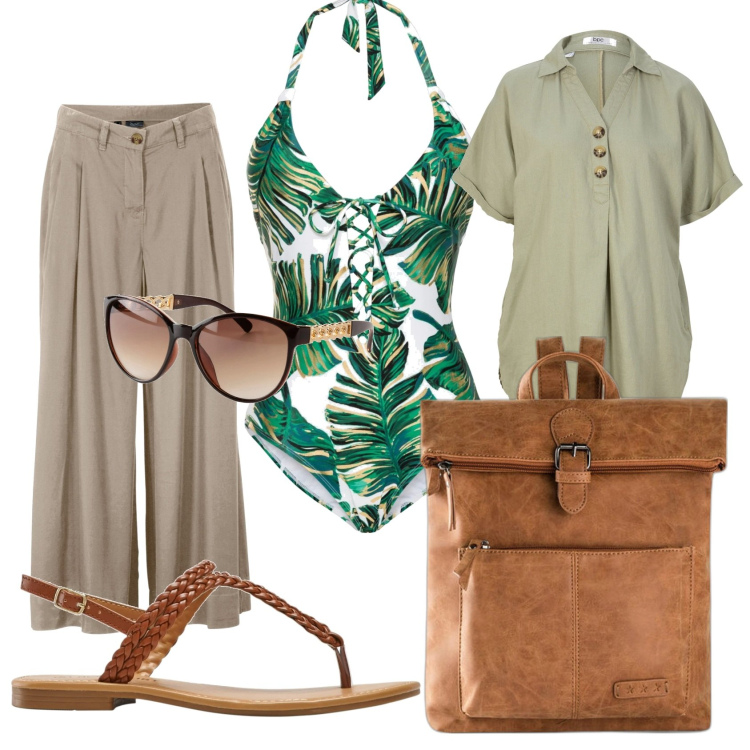 Outfit donna - Summer Adventure.. Stile Casual chic per Mare. Abbinamento con zaini, pantaloni capri, costumi interi, bluse, ciabatte, occhiali da sole.