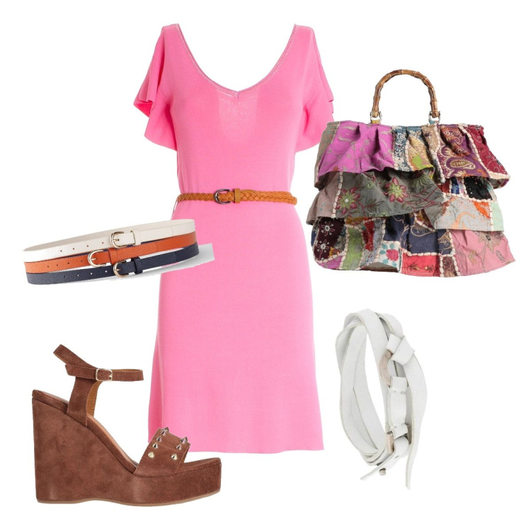 Outfit donna - Zeppe. Stile Basic per Tutti i giorni. Abbinamento con cinture, borse a mano, sandali in pelle, braccialetti, vestiti.