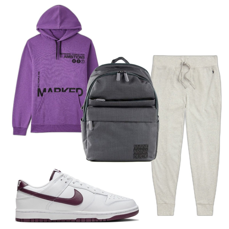 Outfit uomo - Total look #1658598. Stile Trendy per Sport. Abbinamento con felpe con cappuccio, pantaloni, sneakers, borse sportive.