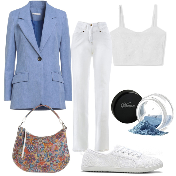 Outfit donna - Biancoghiaccio. Stile Casual chic per Ufficio. Abbinamento con sneakers, jeans dritti, blazer, borse a mano, top, ombretti.