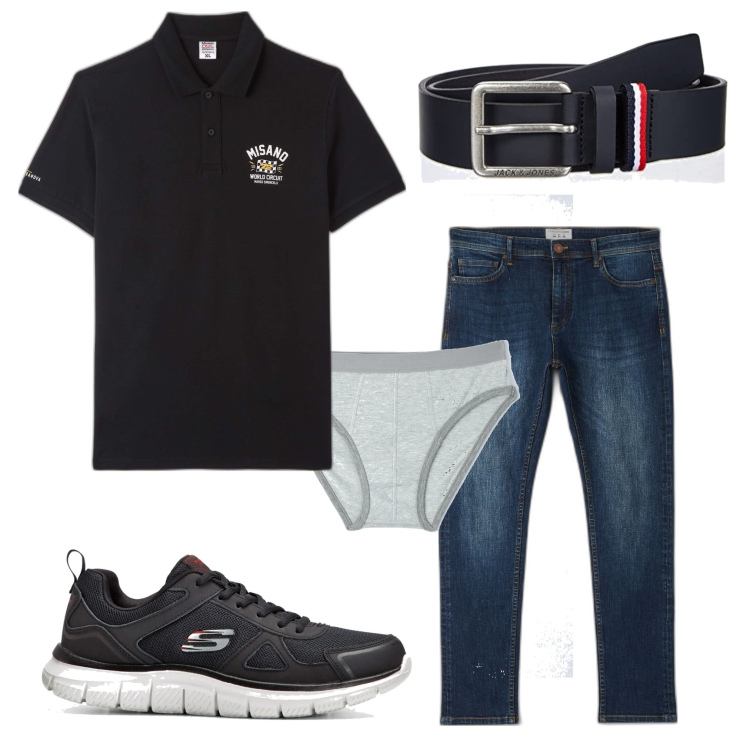 Outfit uomo - Polo e sneakers. Stile Trendy per Tutti i giorni. Abbinamento con sneakers, polo, slip, jeans skinny, cinture.
