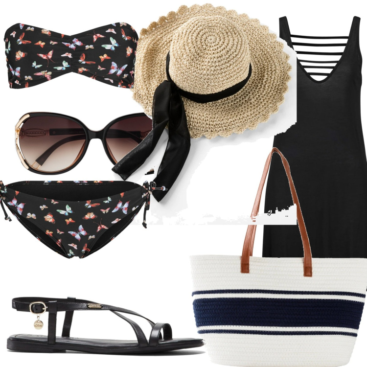 Outfit donna - Total look #1658678. Stile Glamour per Mare. Abbinamento con bikini, vestiti da spiaggia, occhiali da sole, cappelli, shopping bag, sandali in pelle.