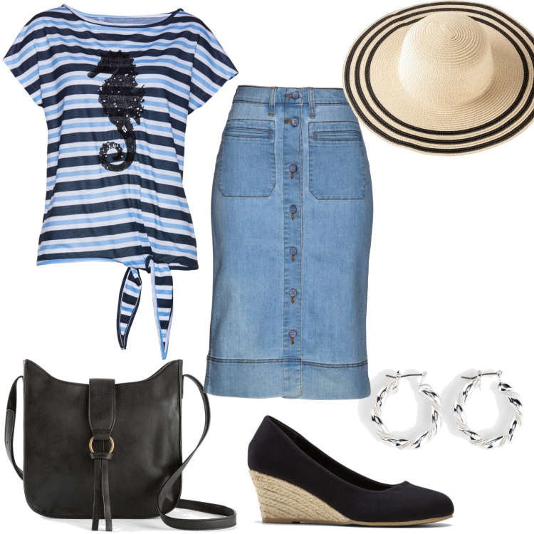 Outfit donna - A righe. Stile Casual chic per Tutti i giorni. Abbinamento con gonne, borse a tracolla, orecchini, maglieria, décolleté, cappelli.