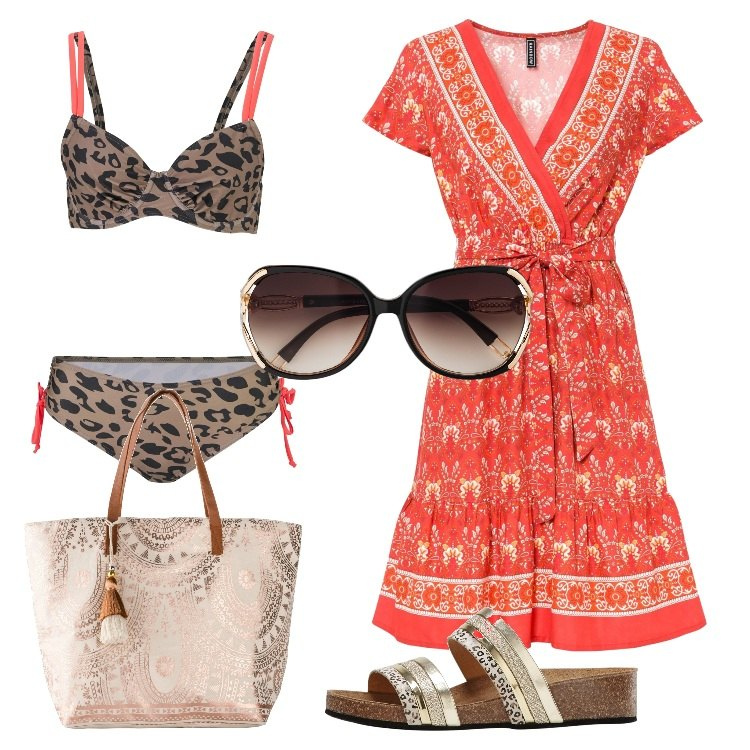 Outfit donna - Bonprix Summer Sales. Stile Etnico per Mare. Abbinamento con bikini, occhiali da sole, vestiti, ciabatte, shopping bag.