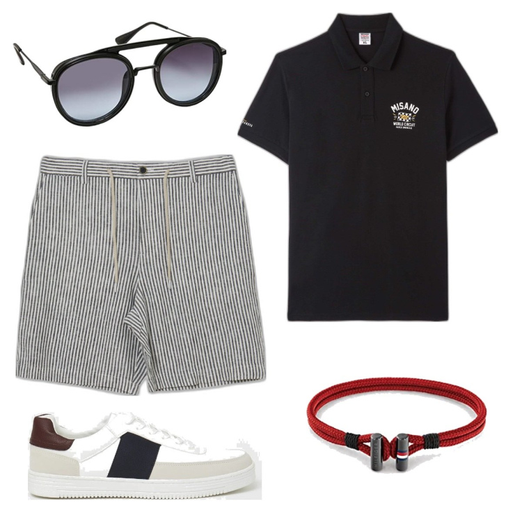 Outfit uomo - Un gelato con Laura. Stile Trendy per Tutti i giorni. Abbinamento con polo, sneakers, bermuda, braccialetti, occhiali da sole.