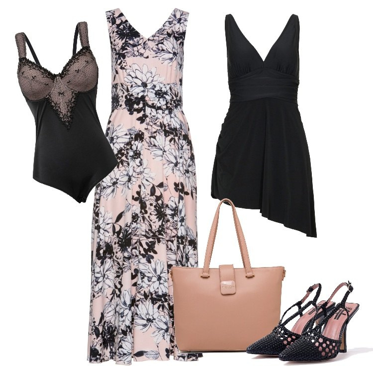 Outfit donna - Romantica e stilosa in spiaggia. Stile Romantica per Mare. Abbinamento con body, vestiti da spiaggia, vestiti lunghi, décolleté, borse a spalla.