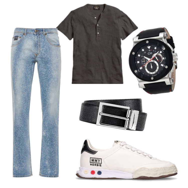 Outfit uomo - In città. Stile Casual per Tutti i giorni. Abbinamento con t-shirt, sneakers, orologi, cinture, jeans.